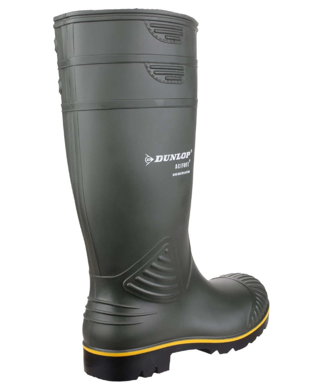 Green coloured Dunlop Acifort Heavy Duty Non Safety Wellingtons on white background
