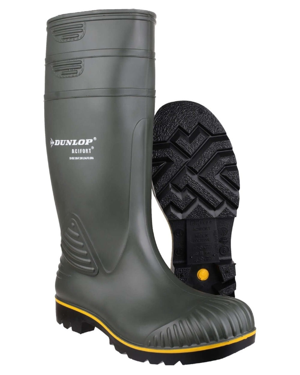 Green coloured Dunlop Acifort Heavy Duty Non Safety Wellingtons on white background