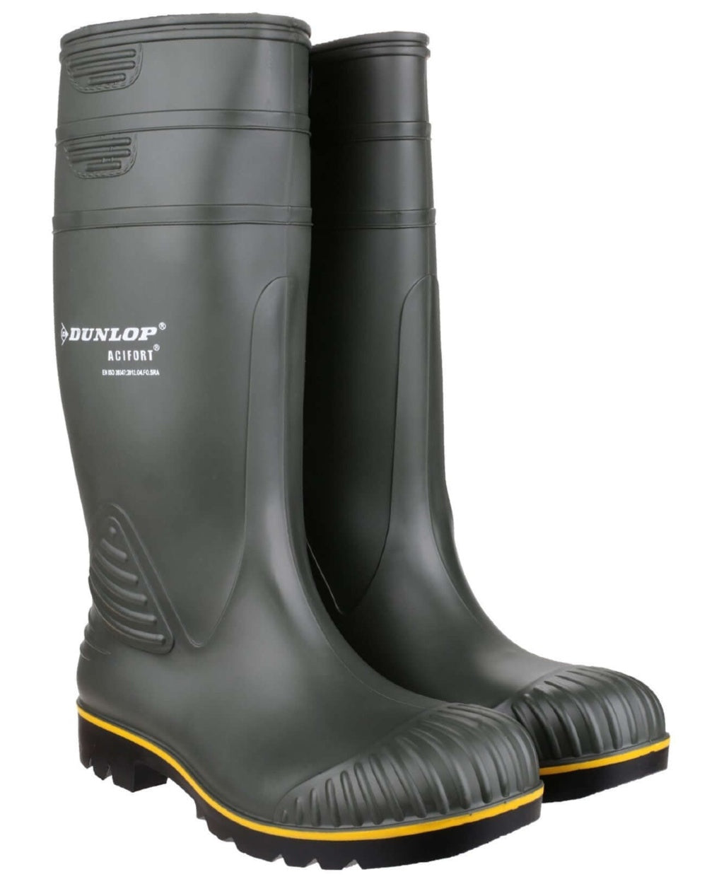 Green coloured Dunlop Acifort Heavy Duty Non Safety Wellingtons on white background