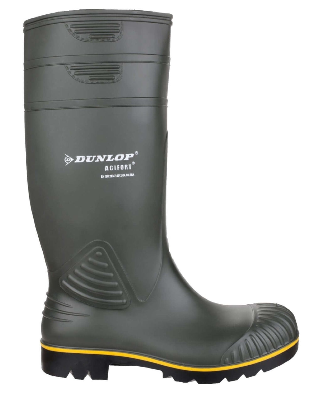 Green coloured Dunlop Acifort Heavy Duty Non Safety Wellingtons on white background
