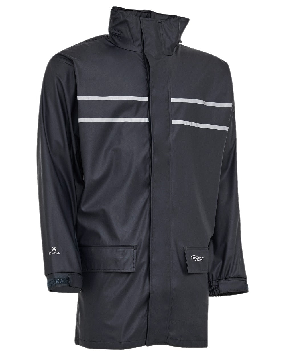 Navy Coloured Elka Mens Dry Zone D-Lux PU Long Rain Jacket on white background