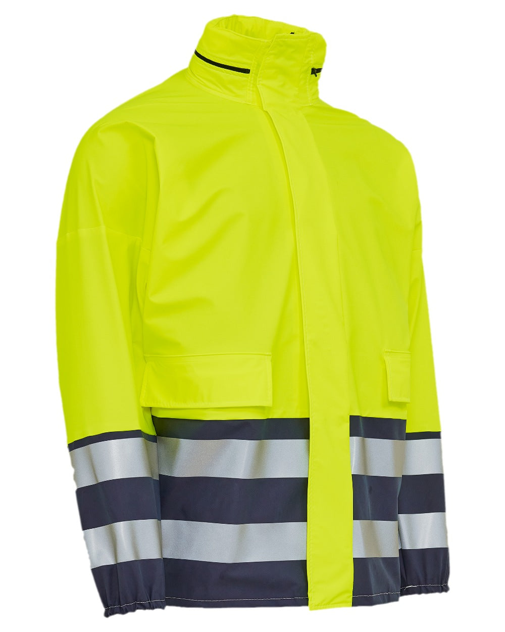 Fluorescent Yell Navy Coloured Elka Mens PU Visible Rain Jacket on white background