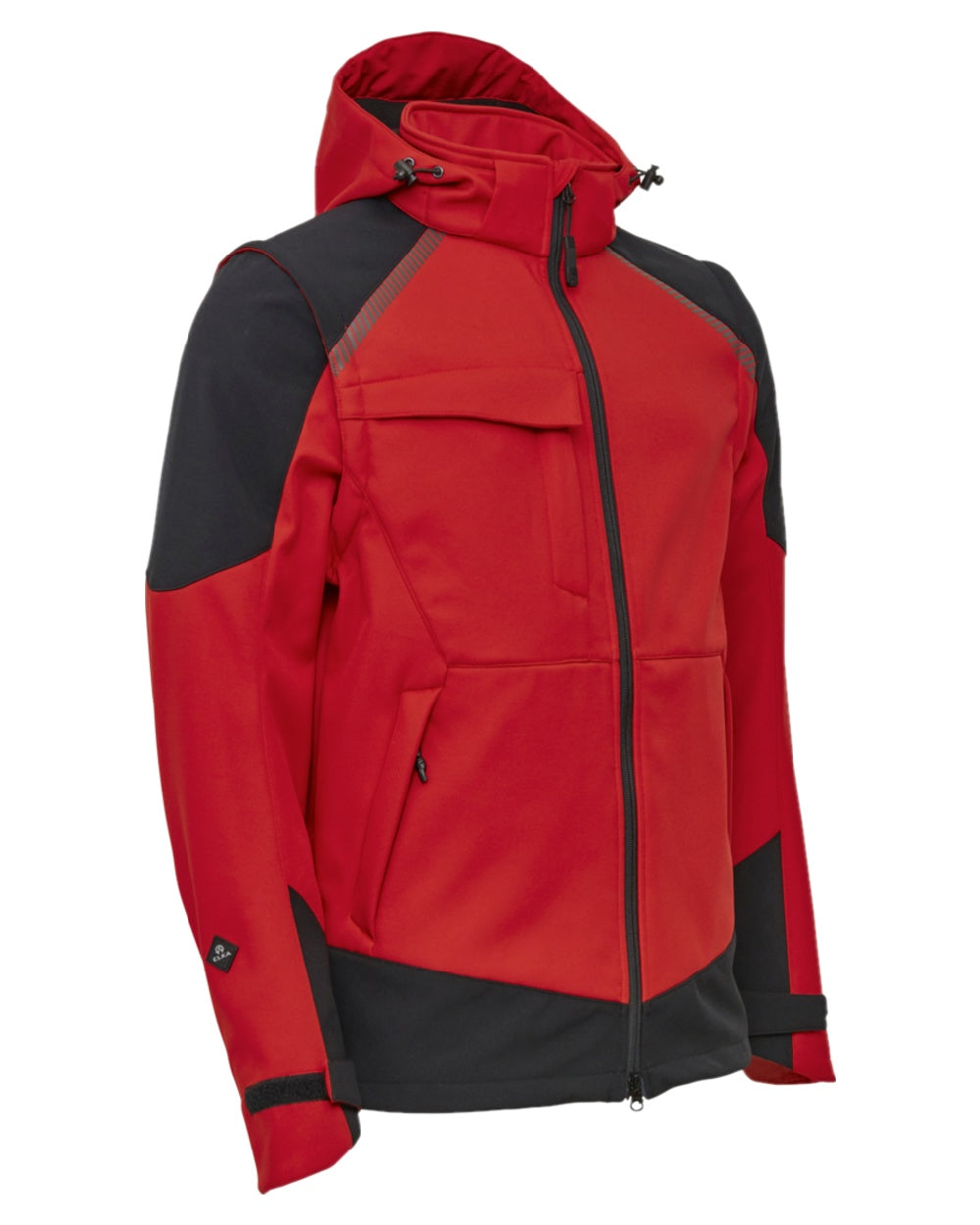 Red Black Coloured Elka Mens Working Xtreme Softshell Jacket With Detachable Sleeves on white background
