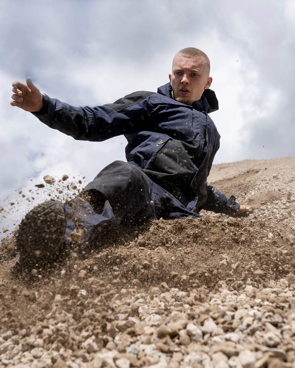 Navy Black Coloured Elka Mens Working Xtreme Stretch Waist Trousers on mountain background