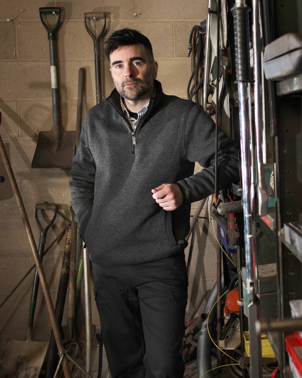 Grey coloured Fort Easton Half Zip Fleece Pullover on tools background