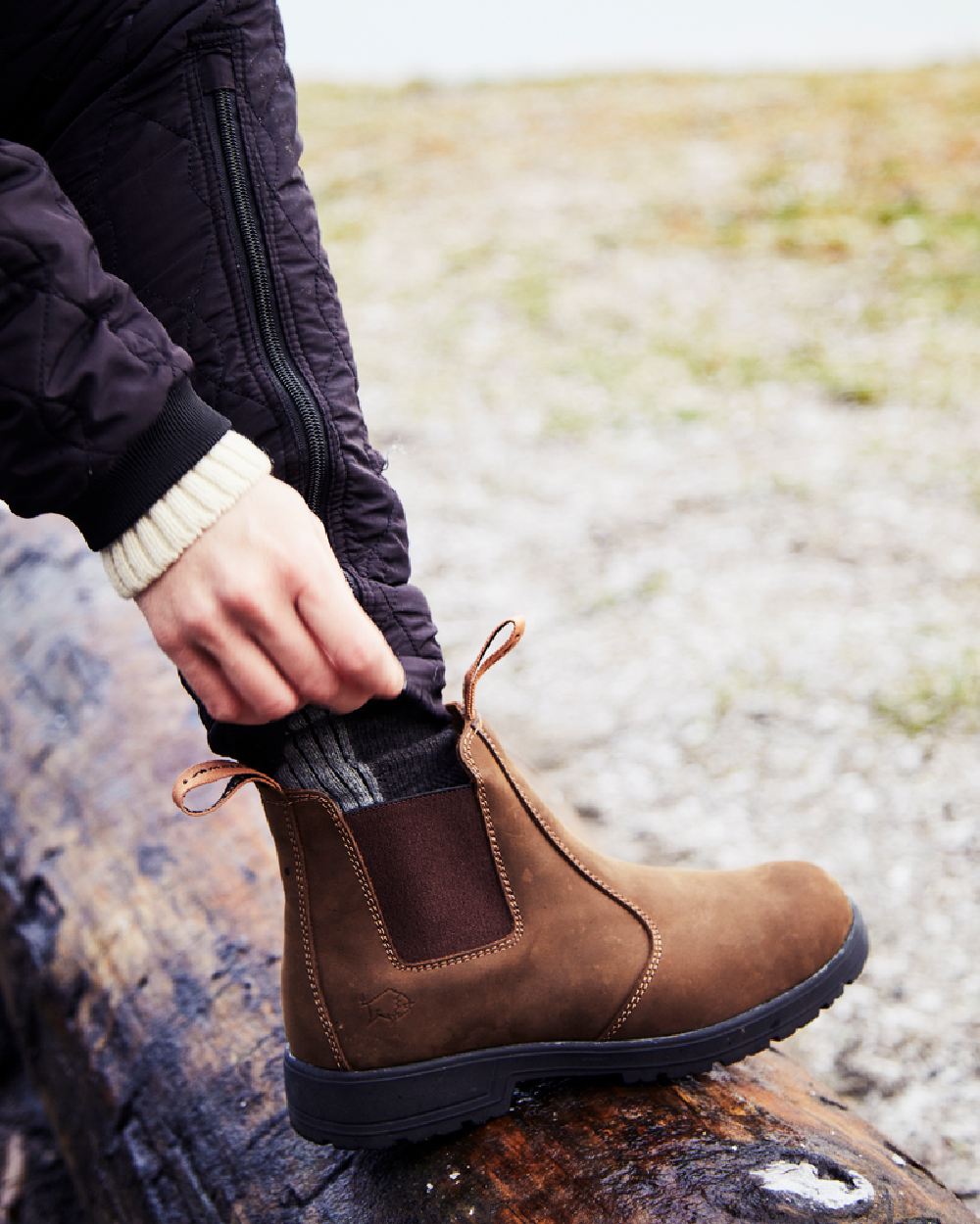 Dark Brown Coloured Gateway1 SD 6" Pull-on Chelsea Boots on outdoor background