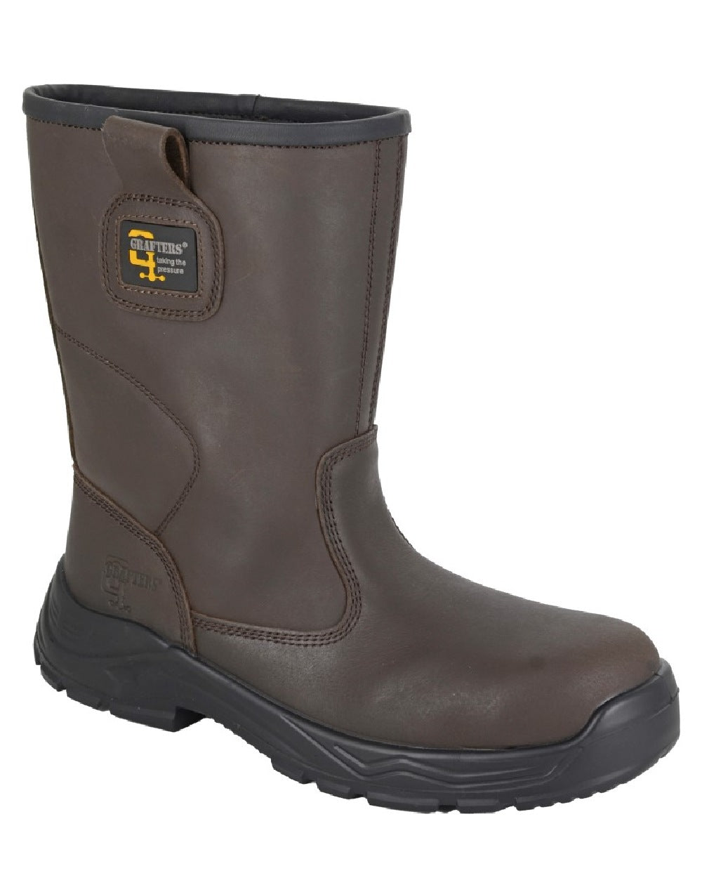 Brown coloured Grafters Mens Waterproof Safety Rigger Boots on white background