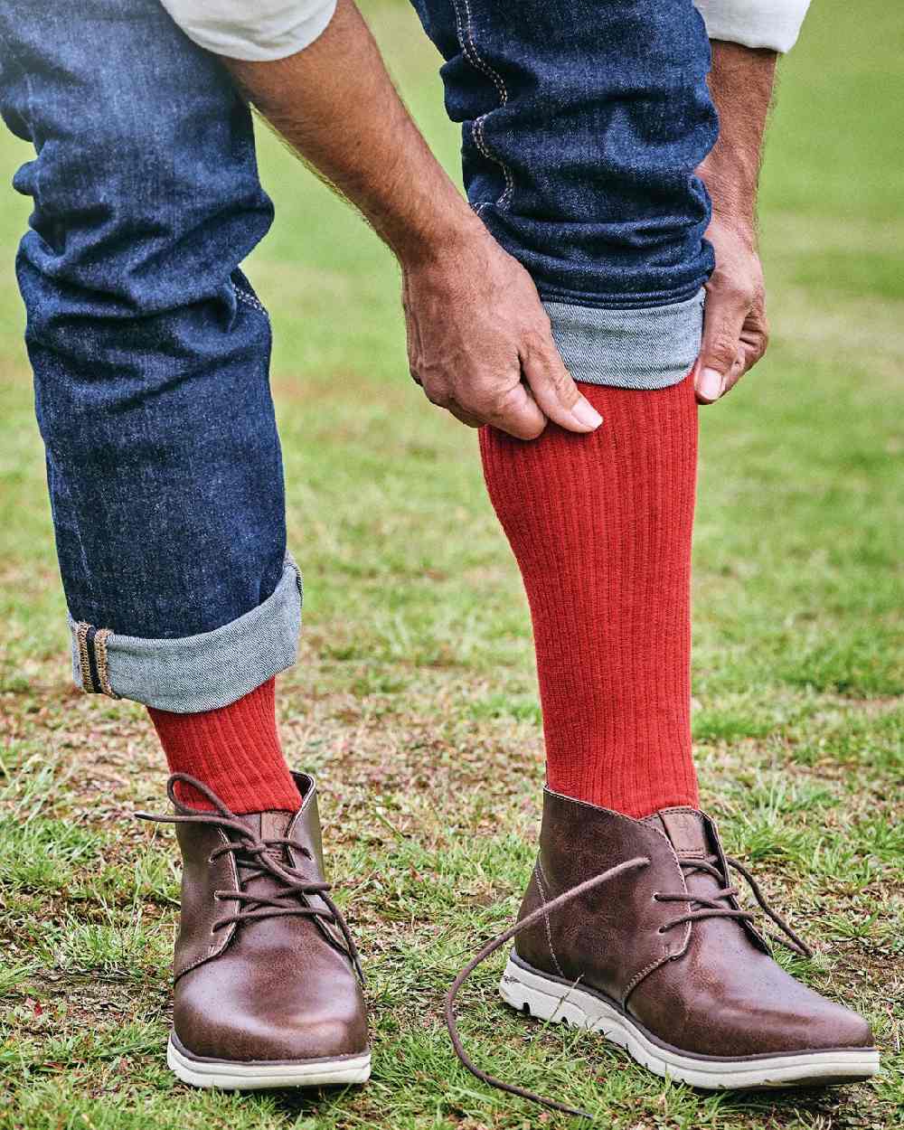 Red Coloured HJ Hall Wool Rich Immaculate Long Socks on outdoor background