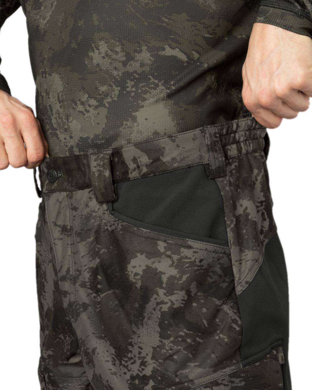 AXIS Black Black Coloured Harkila NOCTYX Camo Silent Trousers on white background