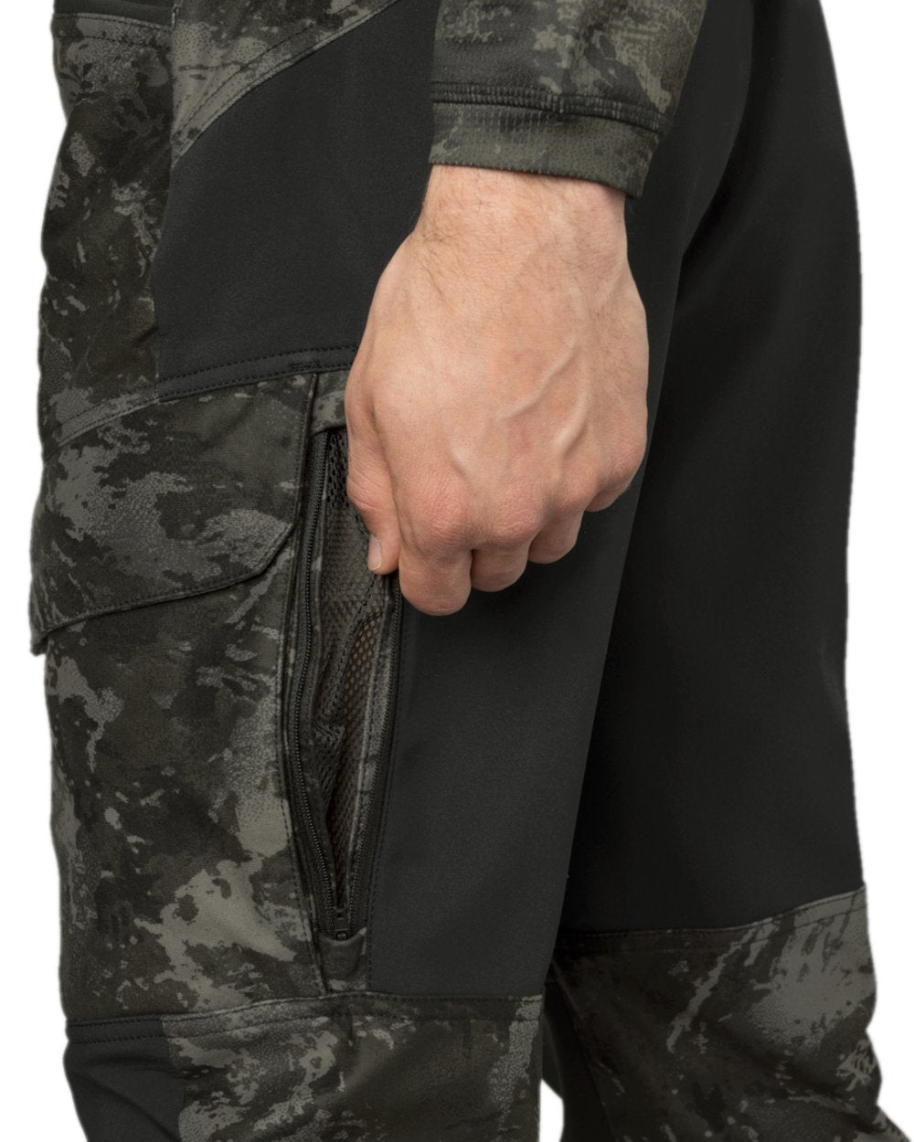 AXIS Black Black Coloured Harkila NOCTYX Camo Silent Trousers on white background
