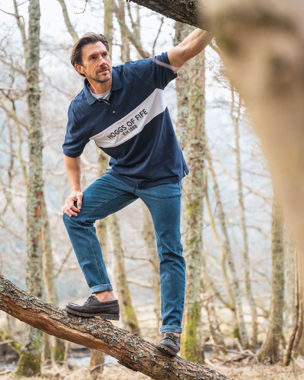 Stonewash Coloured Hoggs of Fife Clyde Comfort Denim Jeans on forest background