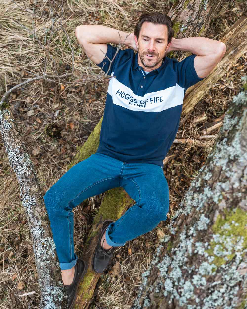 Stonewash Coloured Hoggs of Fife Clyde Comfort Denim Jeans on forest background