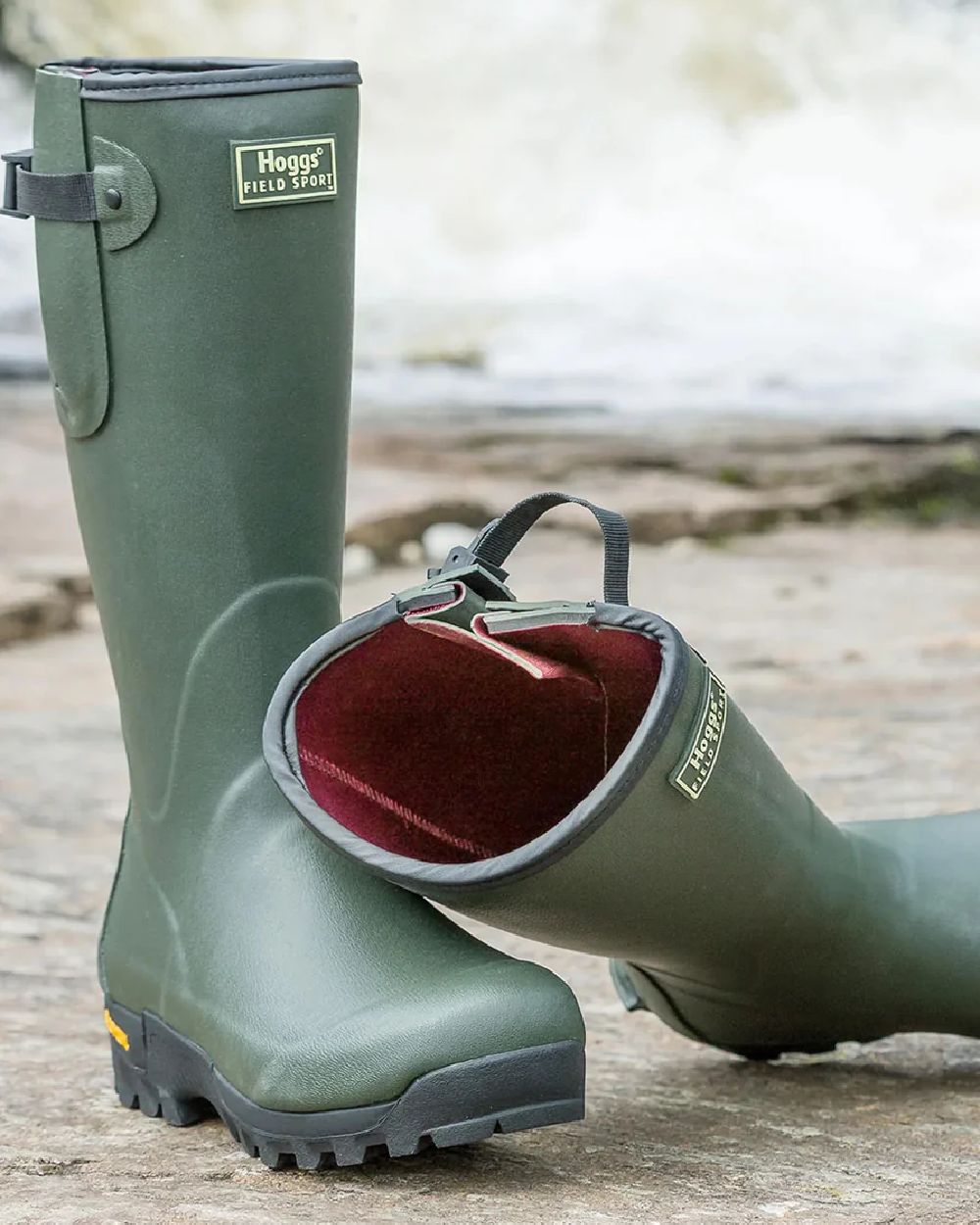 Field Green Coloured Hoggs of Fife Field Sport 365 Wellingtons on coastal background