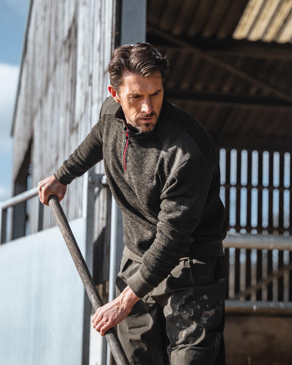 Green Coloured Hoggs of Fife Green King II Waterproof Trousers on barn background