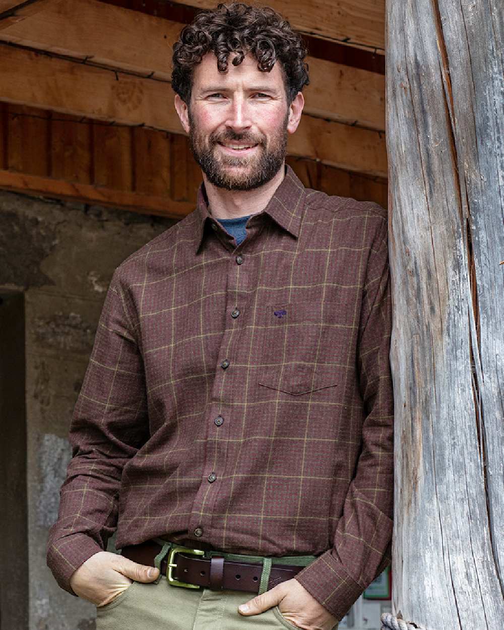 Rust Coloured Hoggs of Fife Harris Cotton Twill Check Shirt on wall background