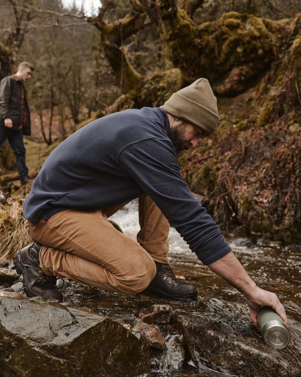 Navy coloured Hoggs of Fife Islander 1/4 Zip Micro Fleece Shirt on forest background