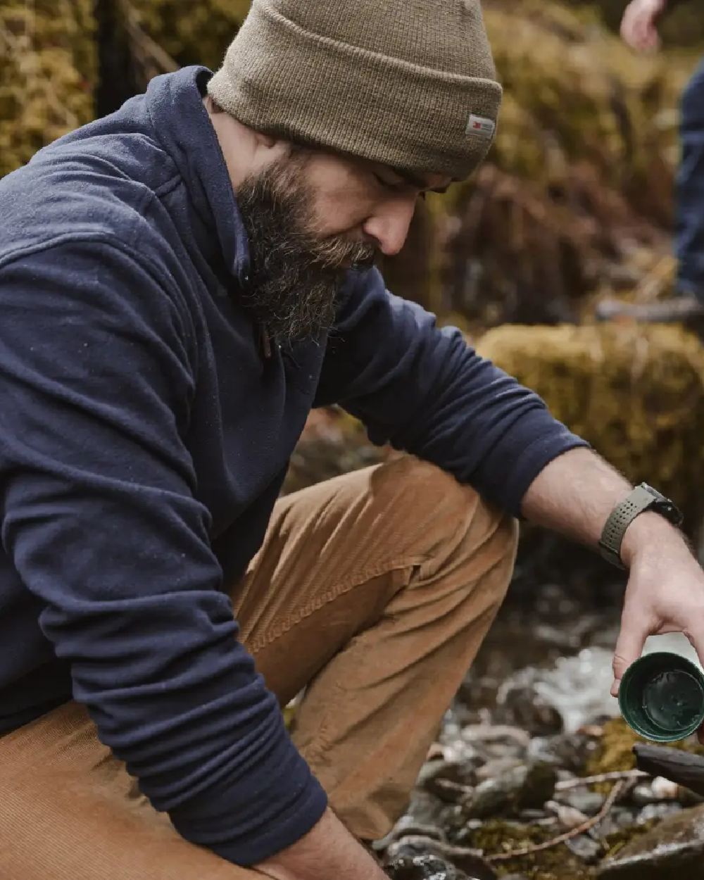 Navy coloured Hoggs of Fife Islander 1/4 Zip Micro Fleece Shirt on forest background