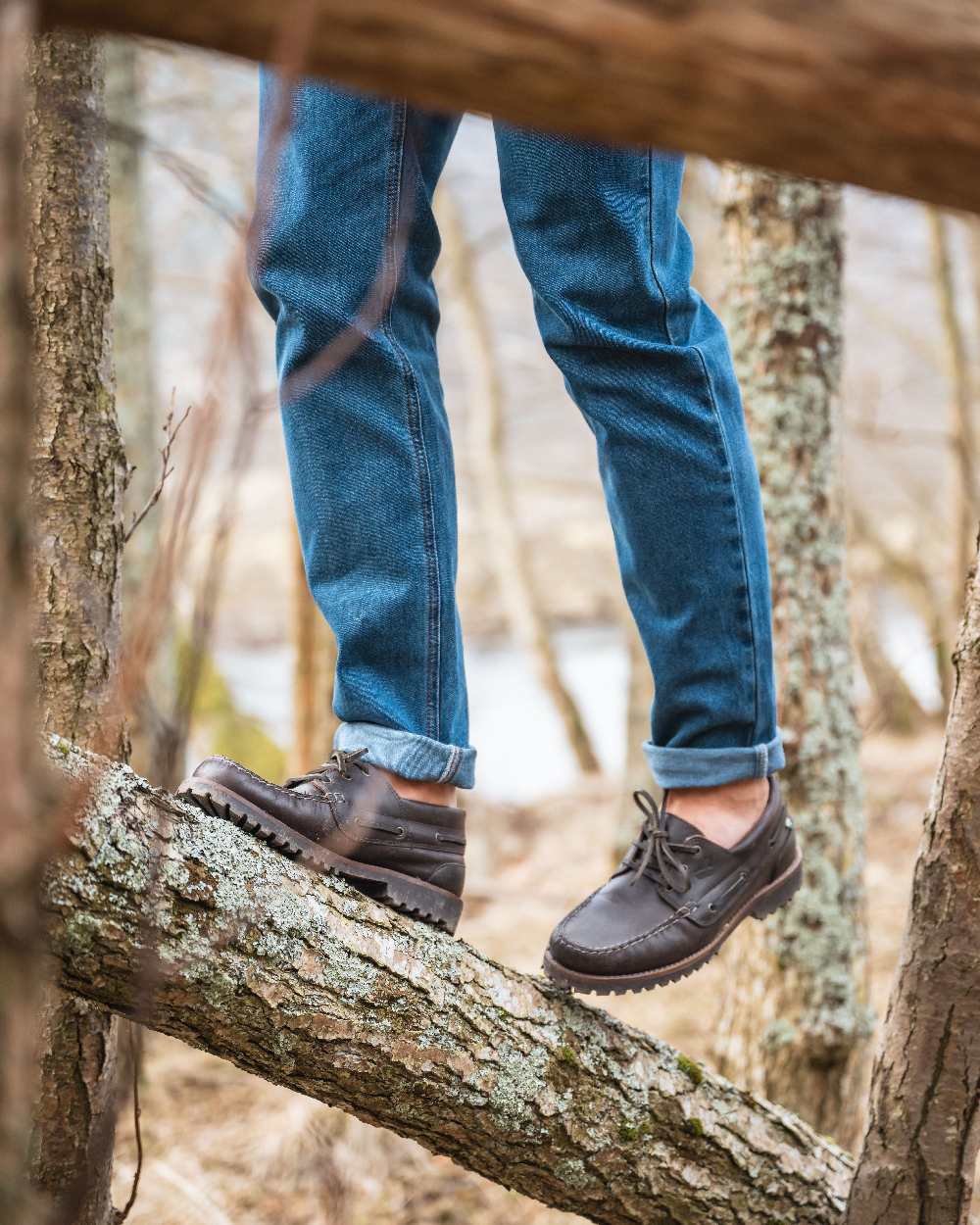 Chestnut Coloured Hoggs of Fife Kintyre Rugged Moccasin Boat Shoes on forest background