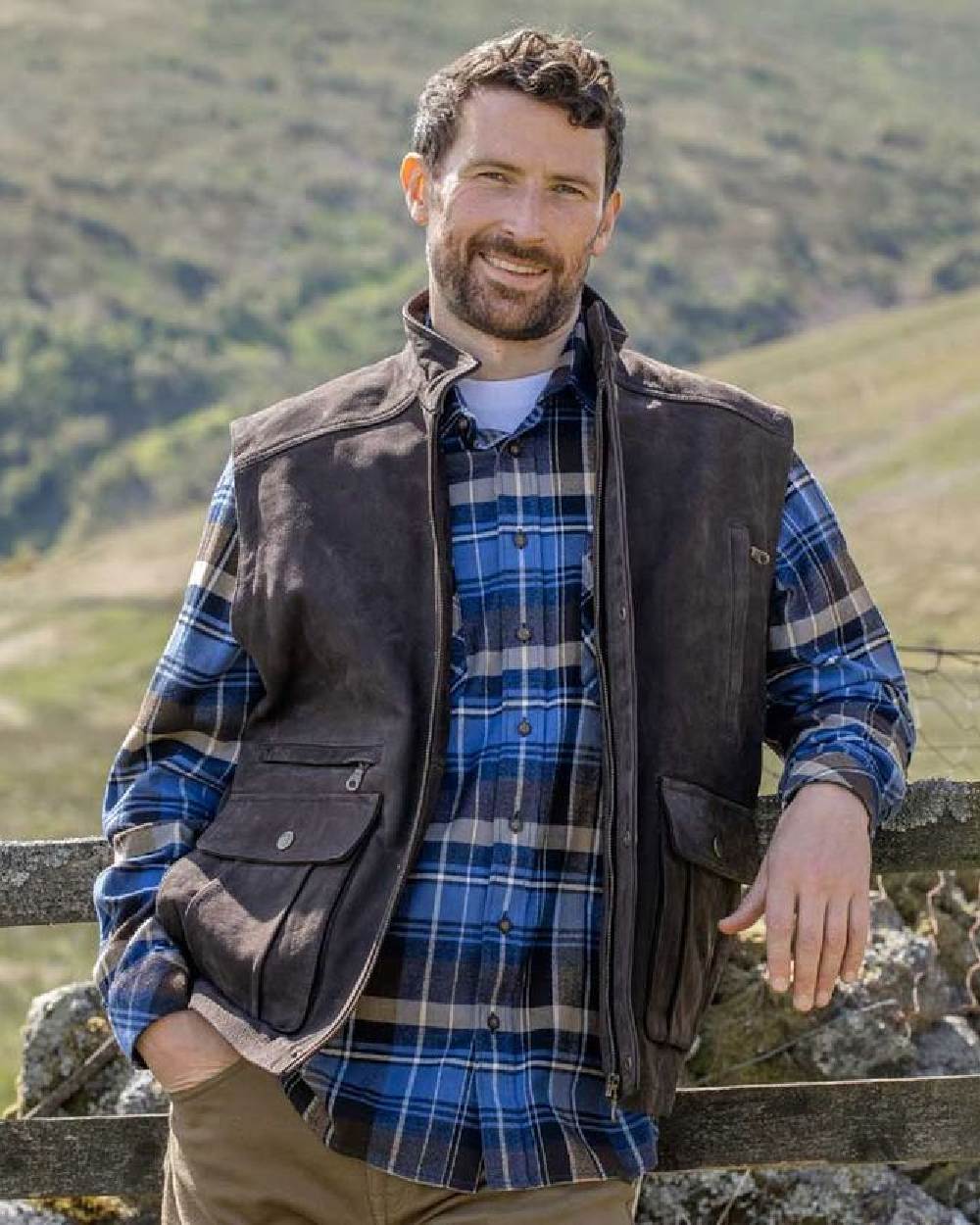 Chocolate Coloured Hoggs of Fife Lomond II Leather Waistcoat on mountain background