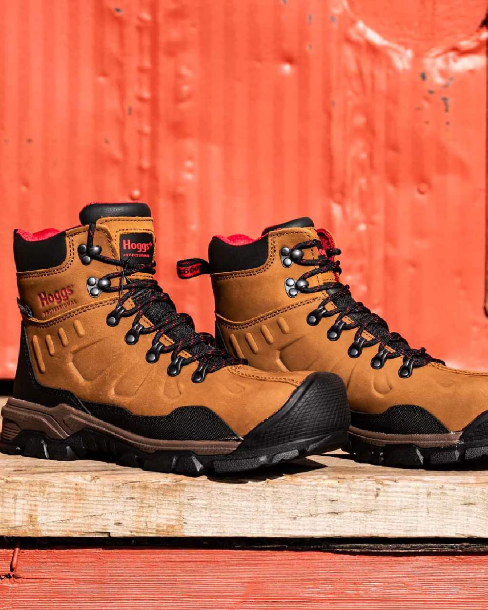 Tan Nubuck Coloured Hoggs of Fife Poseidon S3 Safety Lace-Up Boots on container background