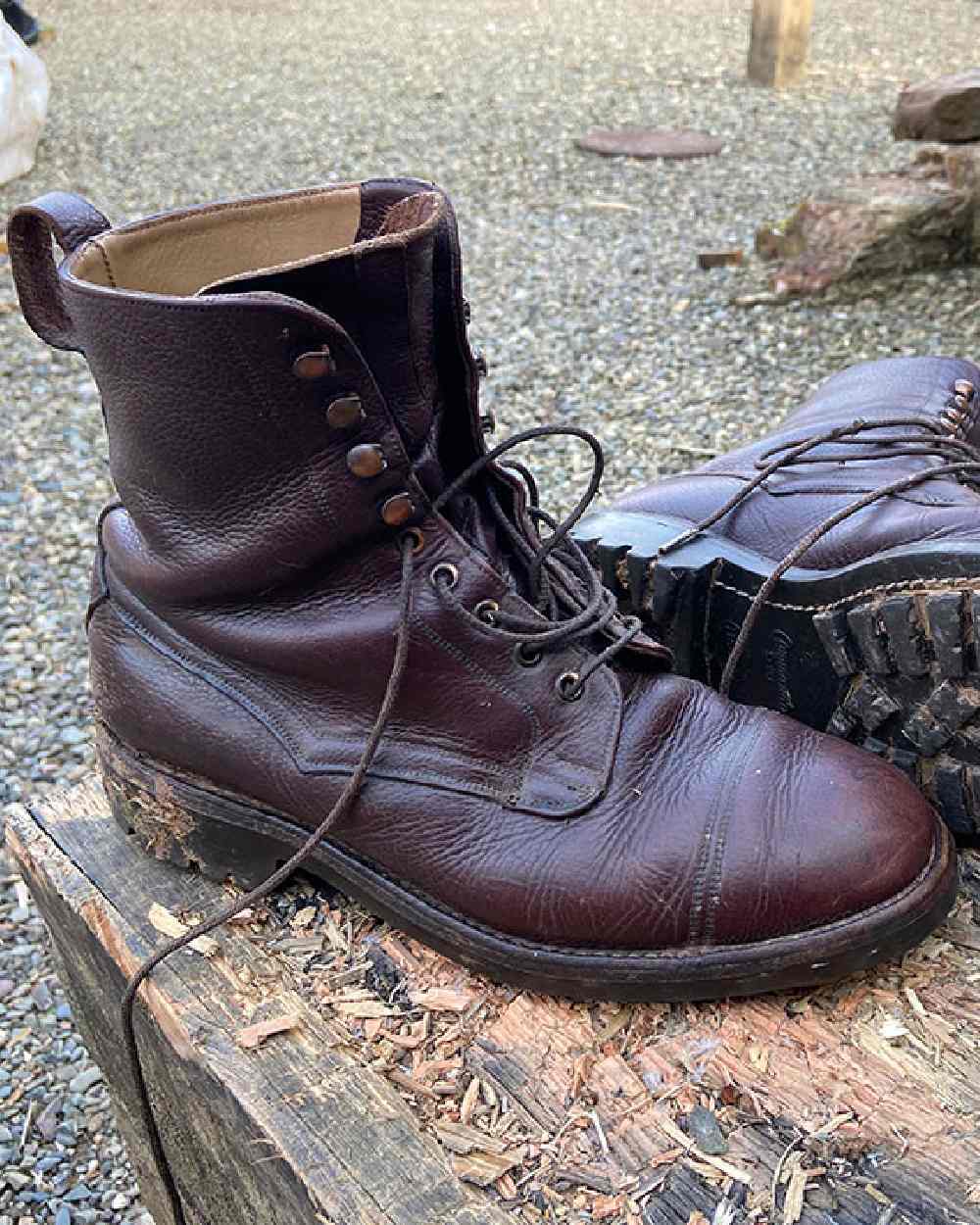 Dark Brown Coloured Hoggs of Fife Rannoch Veldtschoen Lace Boot on wood background