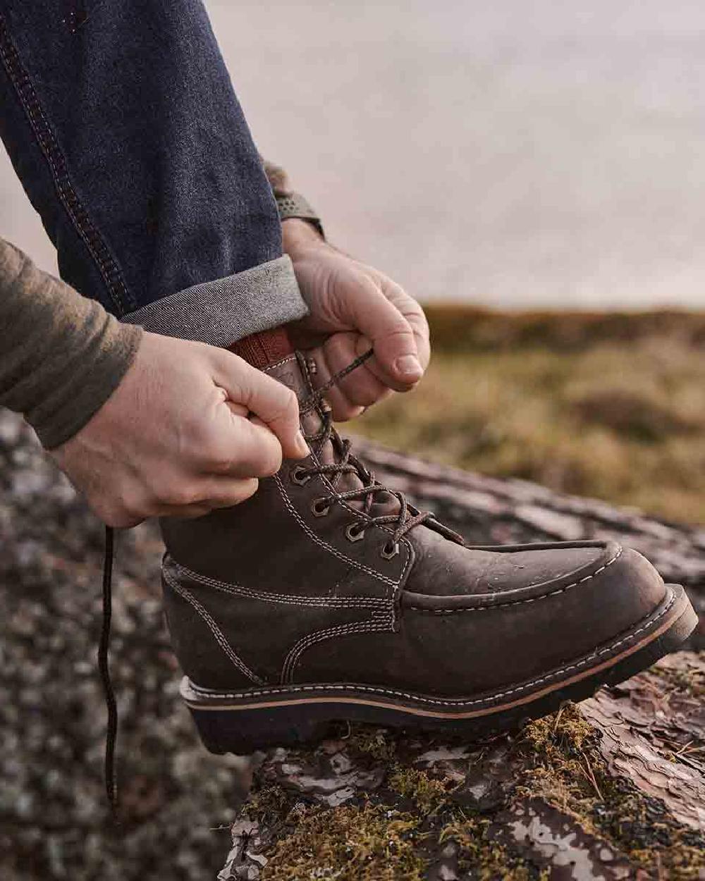 Oak Brown Coloured Hoggs of Fife Selkirk Moc Work Boots on countryside background
