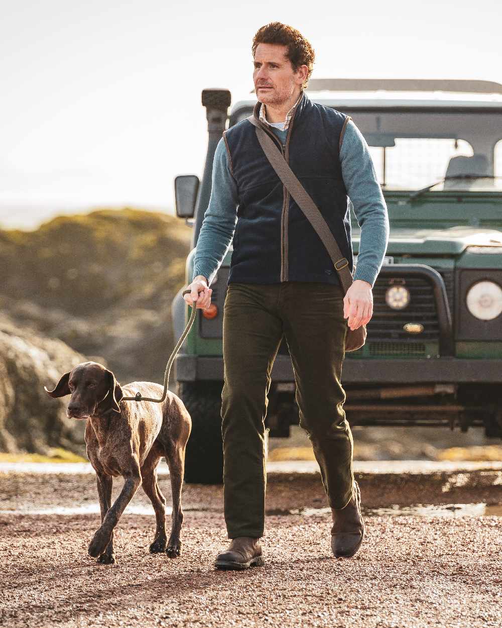 Midnight Navy coloured Hoggs of Fife Stenton Technical Fleece Gilet on car background