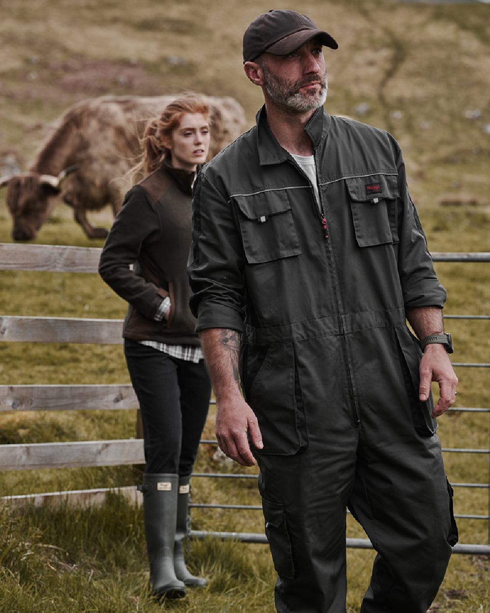 Spruce Black Coloured Hoggs of Fife Workhogg Zipped Cotton Coverall on stable background