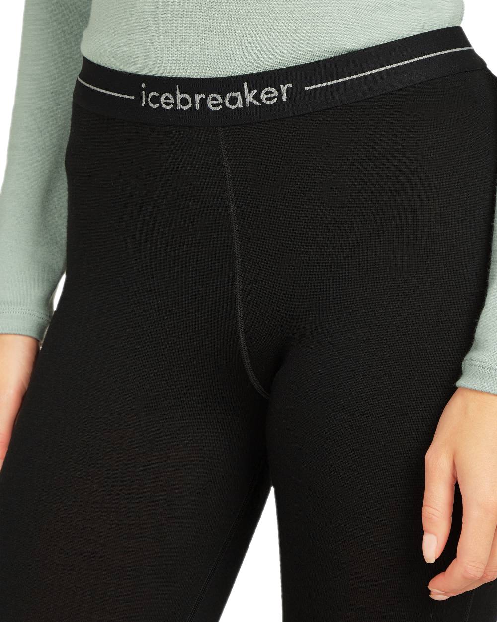 Black Coloured Icebreaker Merino Womens 260 Tech Thermal Leggings on white background