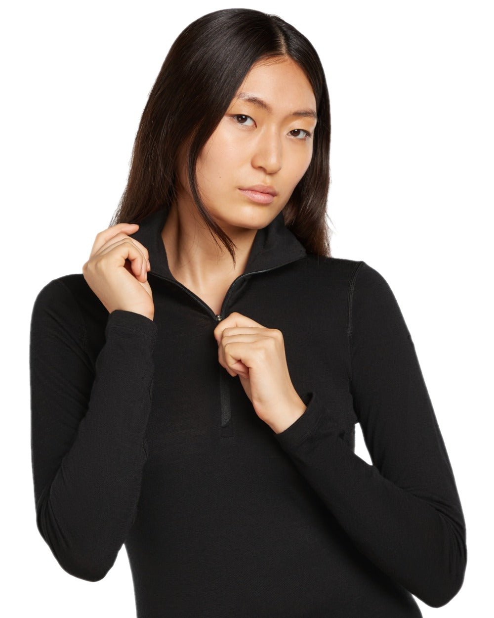 Black Coloured Icebreaker Womens Merino 200 Oasis Half Zip Thermal Top on white background