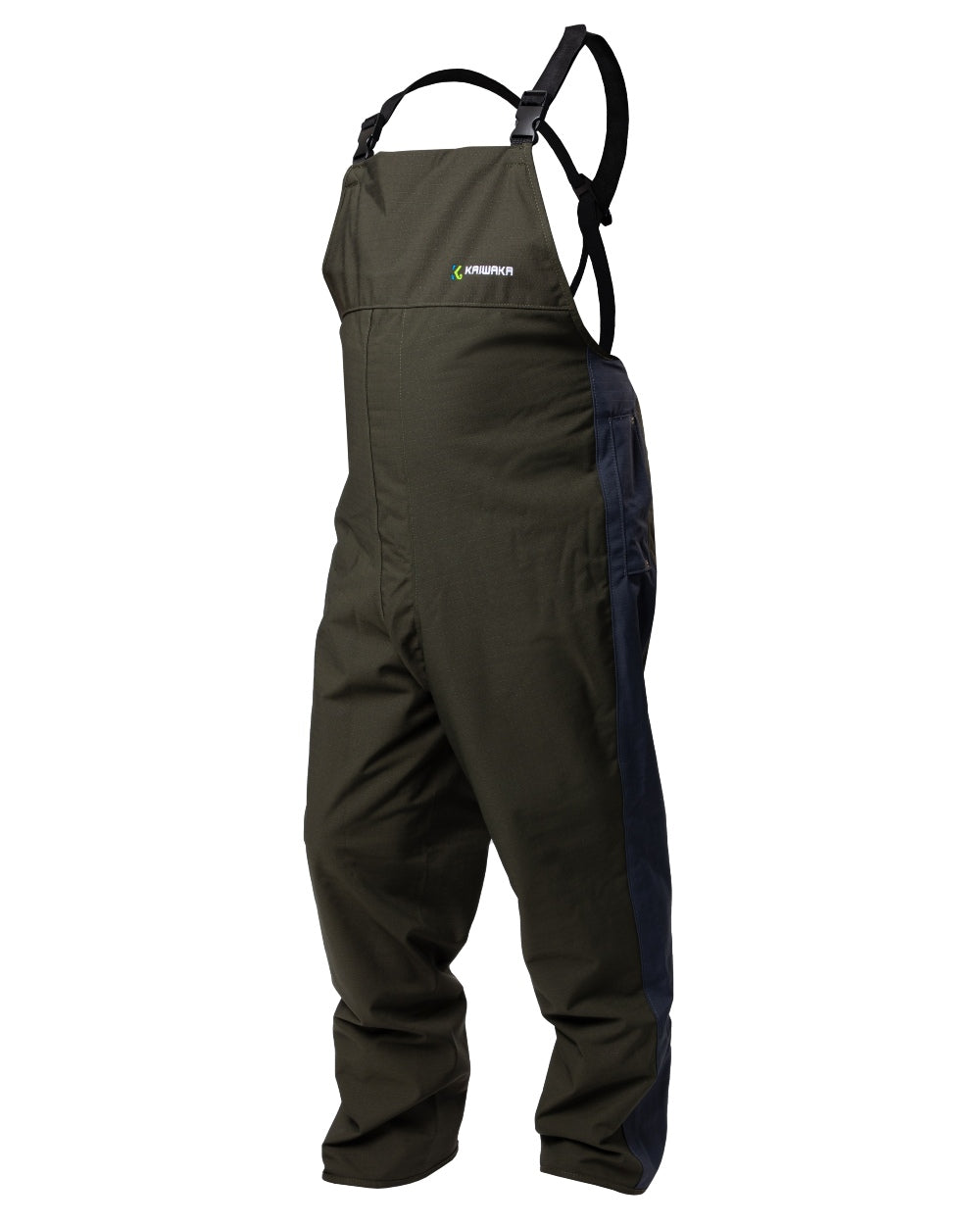 Olive coloured Kaiwaka Mens Stormforce Bib Overtrousers on white background