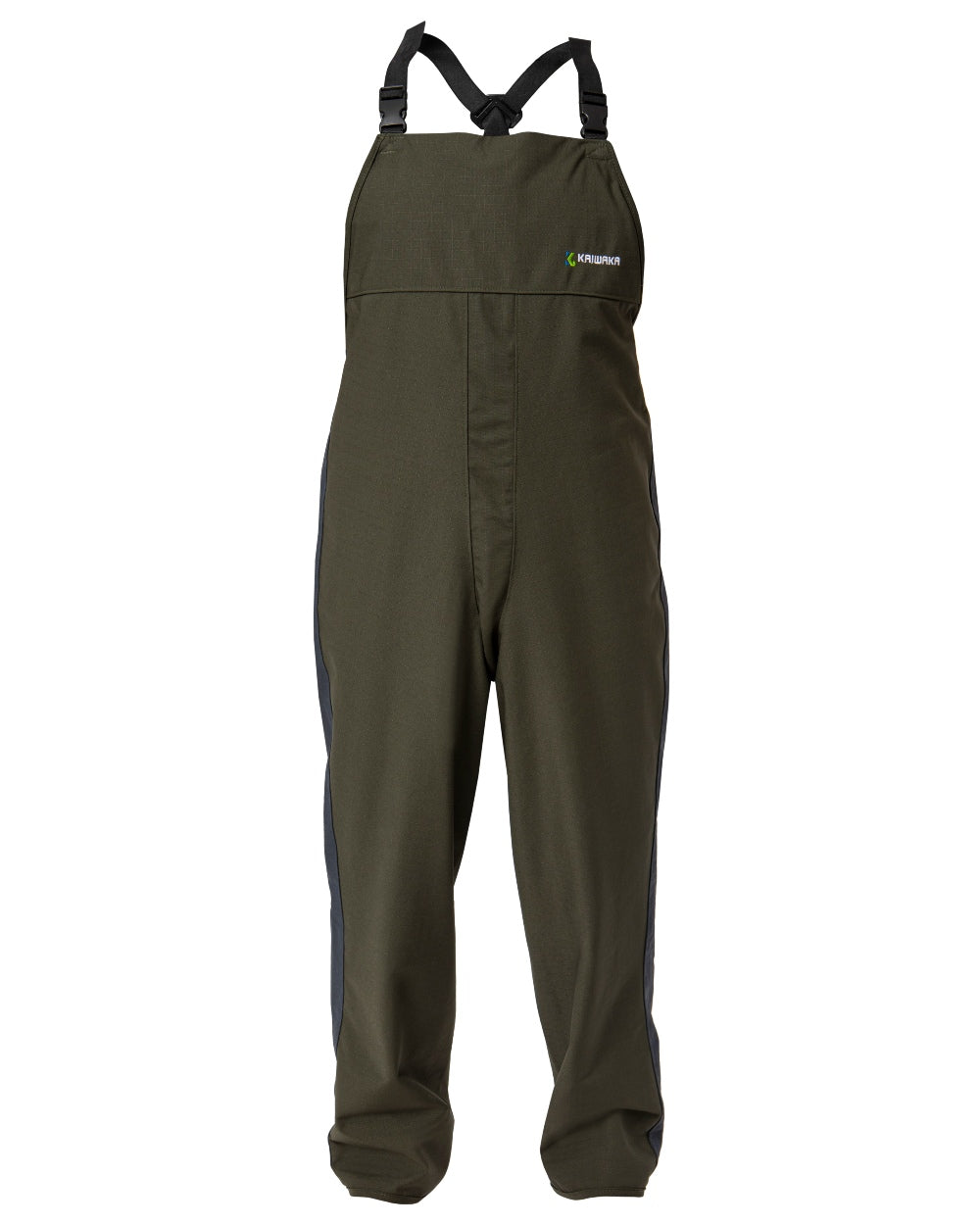 Olive coloured Kaiwaka Mens Stormforce Bib Overtrousers on white background
