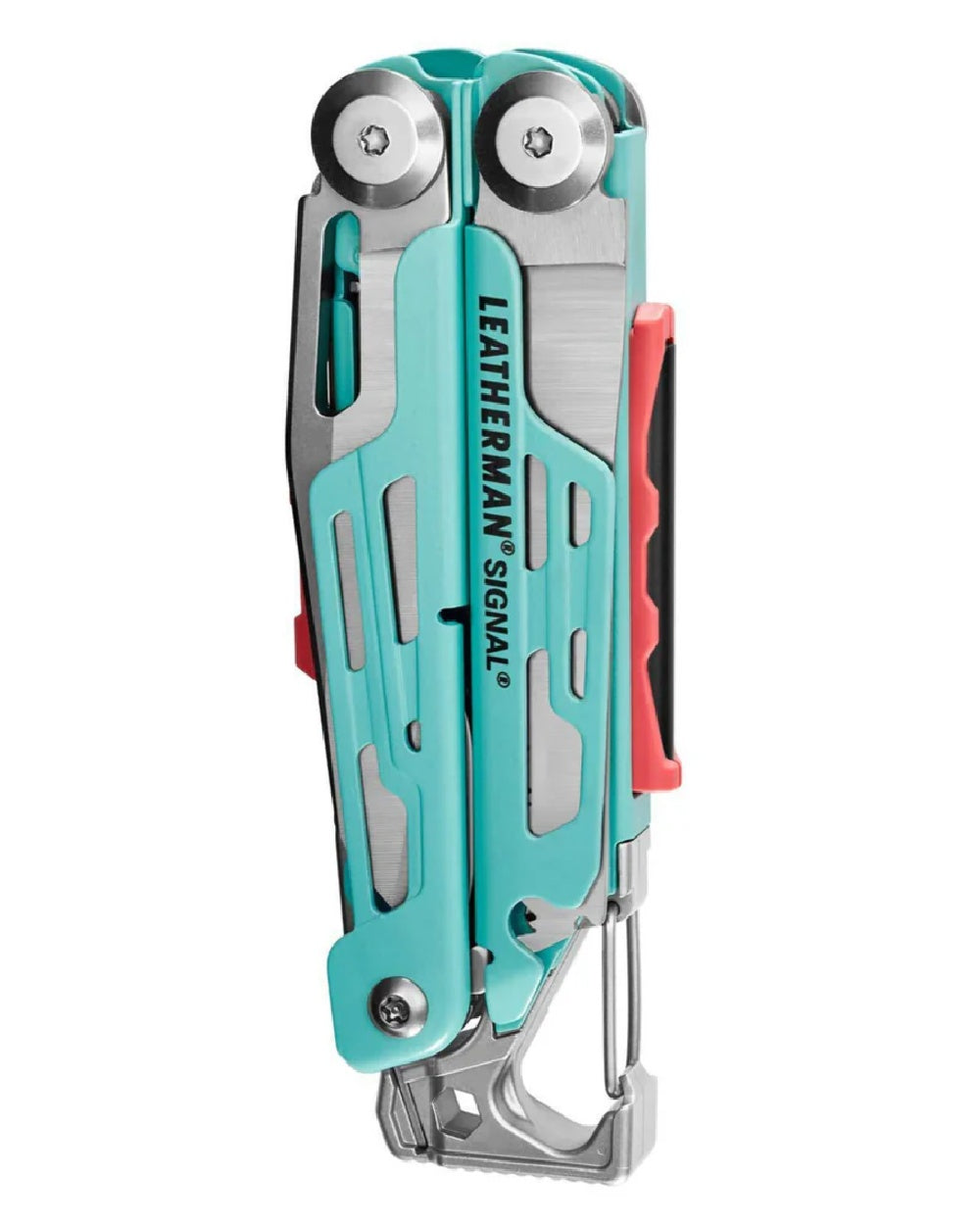 Aqua Coloured Leatherman Signal+ Multi-Tool W/ Nylon Sheath On A White Background
