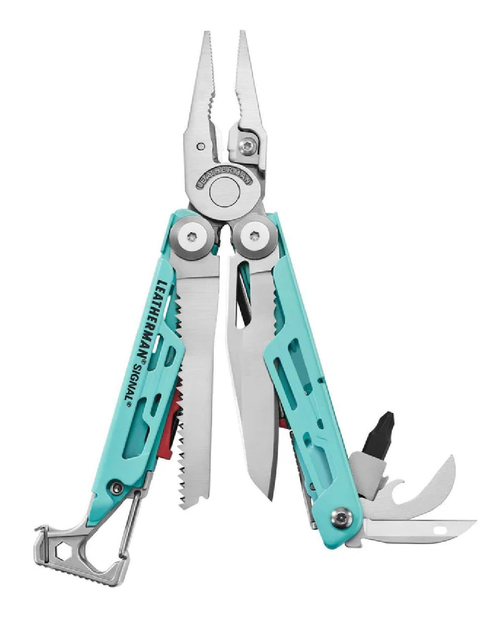 Aqua Coloured Leatherman Signal+ Multi-Tool W/ Nylon Sheath On A White Background