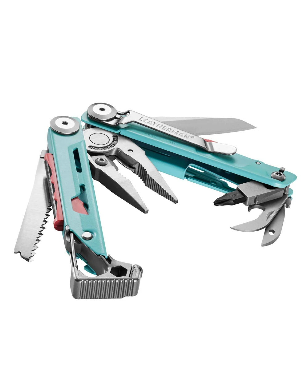 Aqua Coloured Leatherman Signal+ Multi-Tool W/ Nylon Sheath On A White Background
