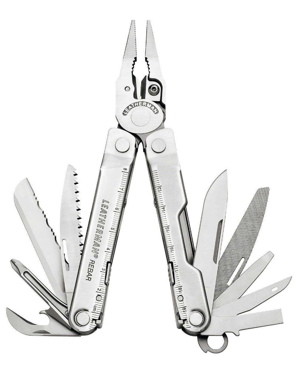 Stainless Steel coloured Leatherman Rebar Multi-Tool W/ Sheath on white background