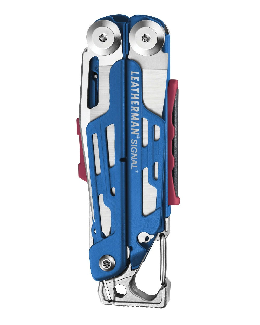 Cobalt Coloured Leatherman Signal+ Multi-Tool W/ Nylon Sheath On A White Background