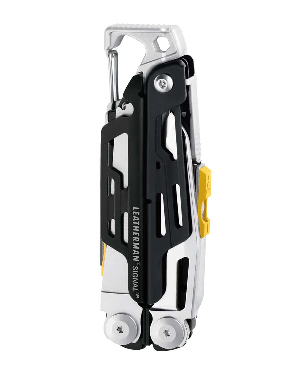 Stainless Steel Coloured Leatherman Signal+ Multi-Tool W/ Nylon Sheath On A White Background