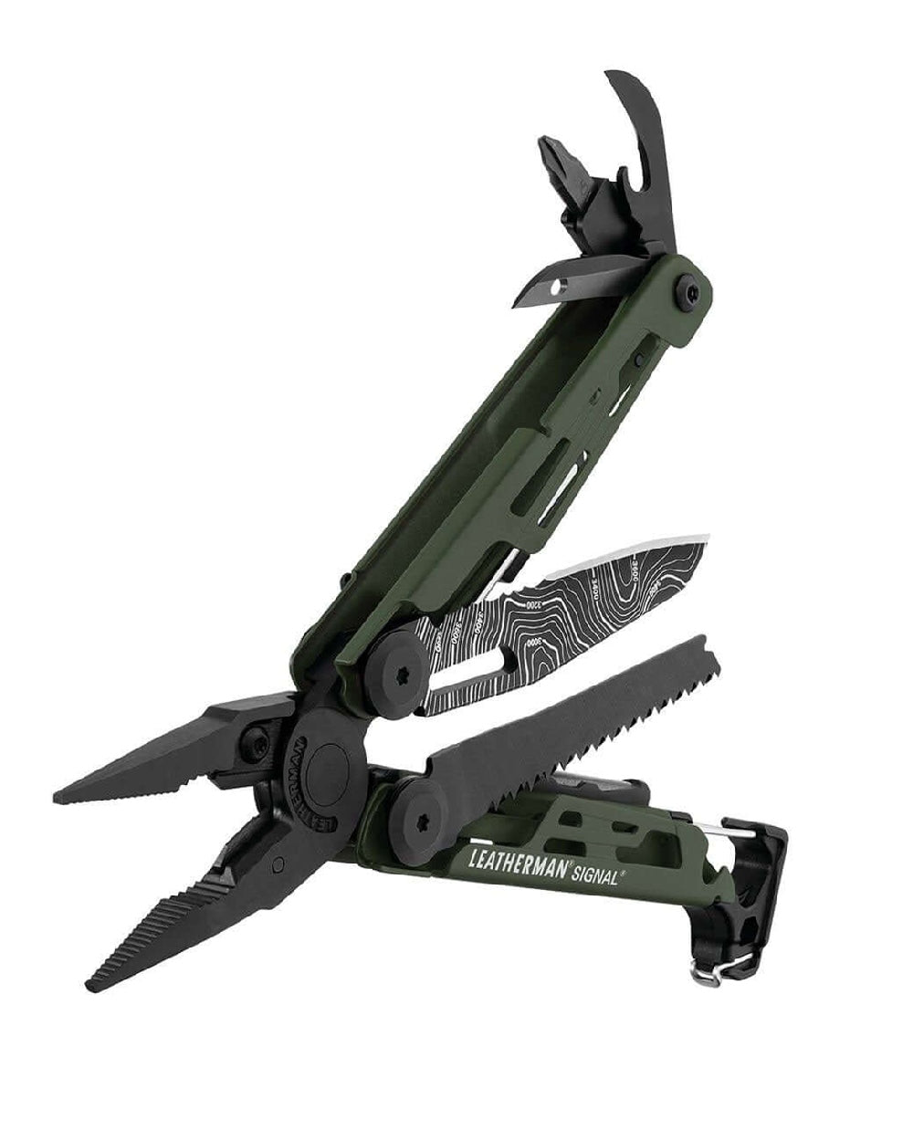 Topo Coloured Leatherman Signal+ Multi-Tool W/ Nylon Sheath On A White Background