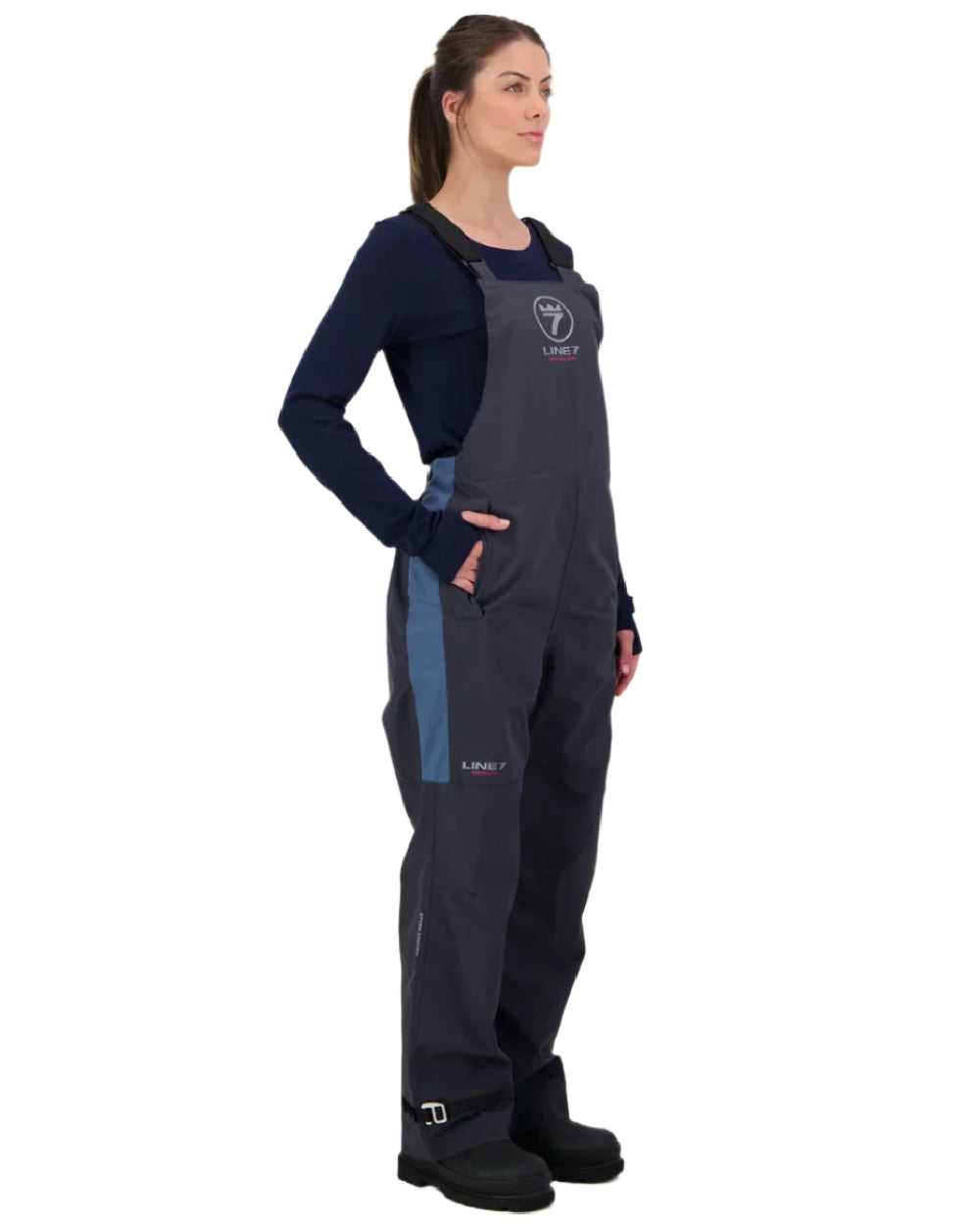 Stormy Weather Ebony Coloured Line 7 Womens Storm Armour10 Waterproof 2 Layer Bib Overtrouser on white background