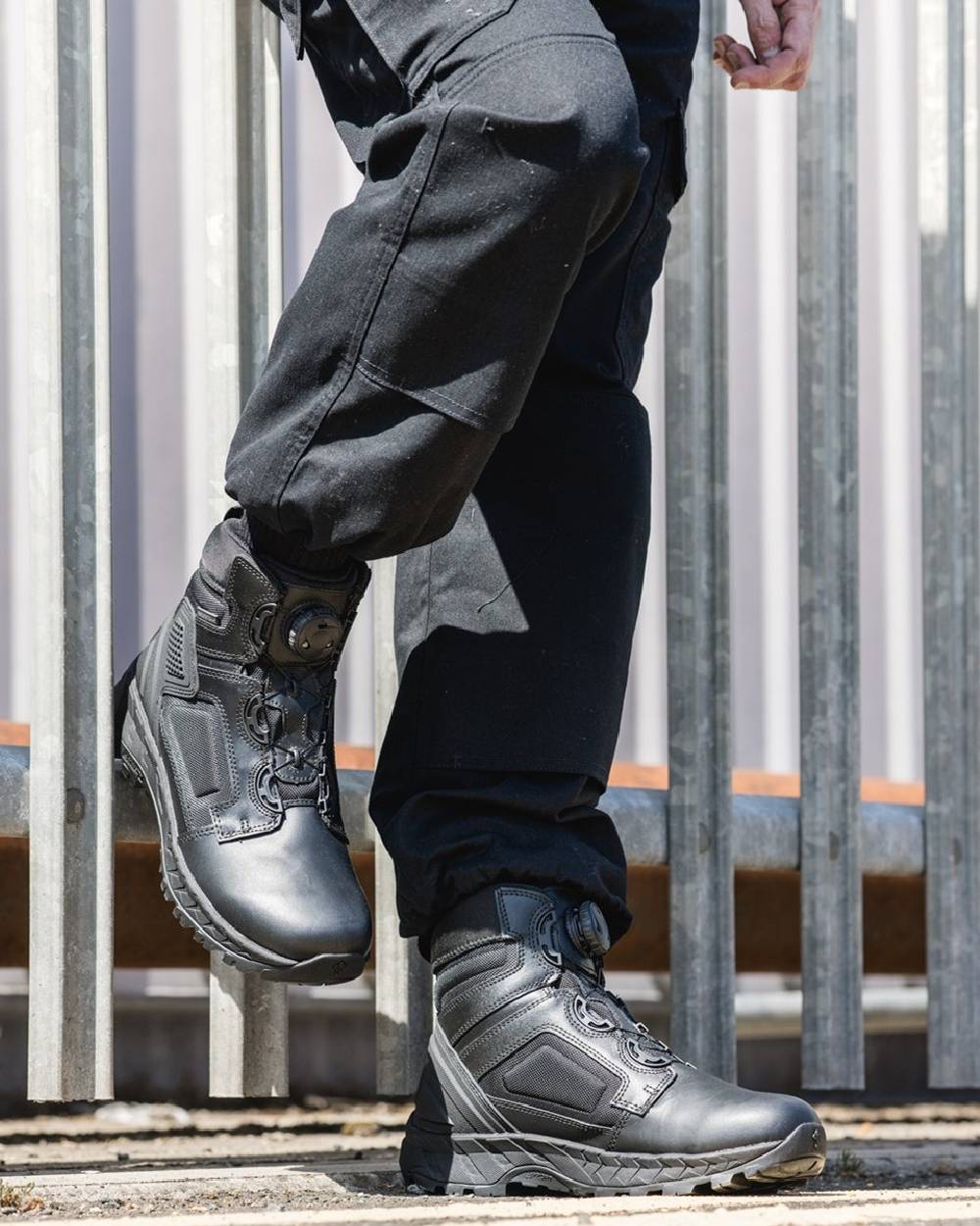 Black Coloured Magnum Mens Spider Exo 6.0 Waterproof M-Lock Occupational Boots on outdoor background