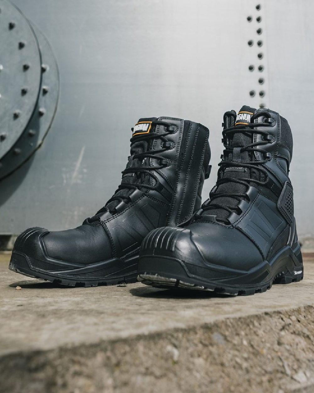 Black Coloured Magnum Mens Storm Force 8.0 Waterproof Safety Boots on outdoor background