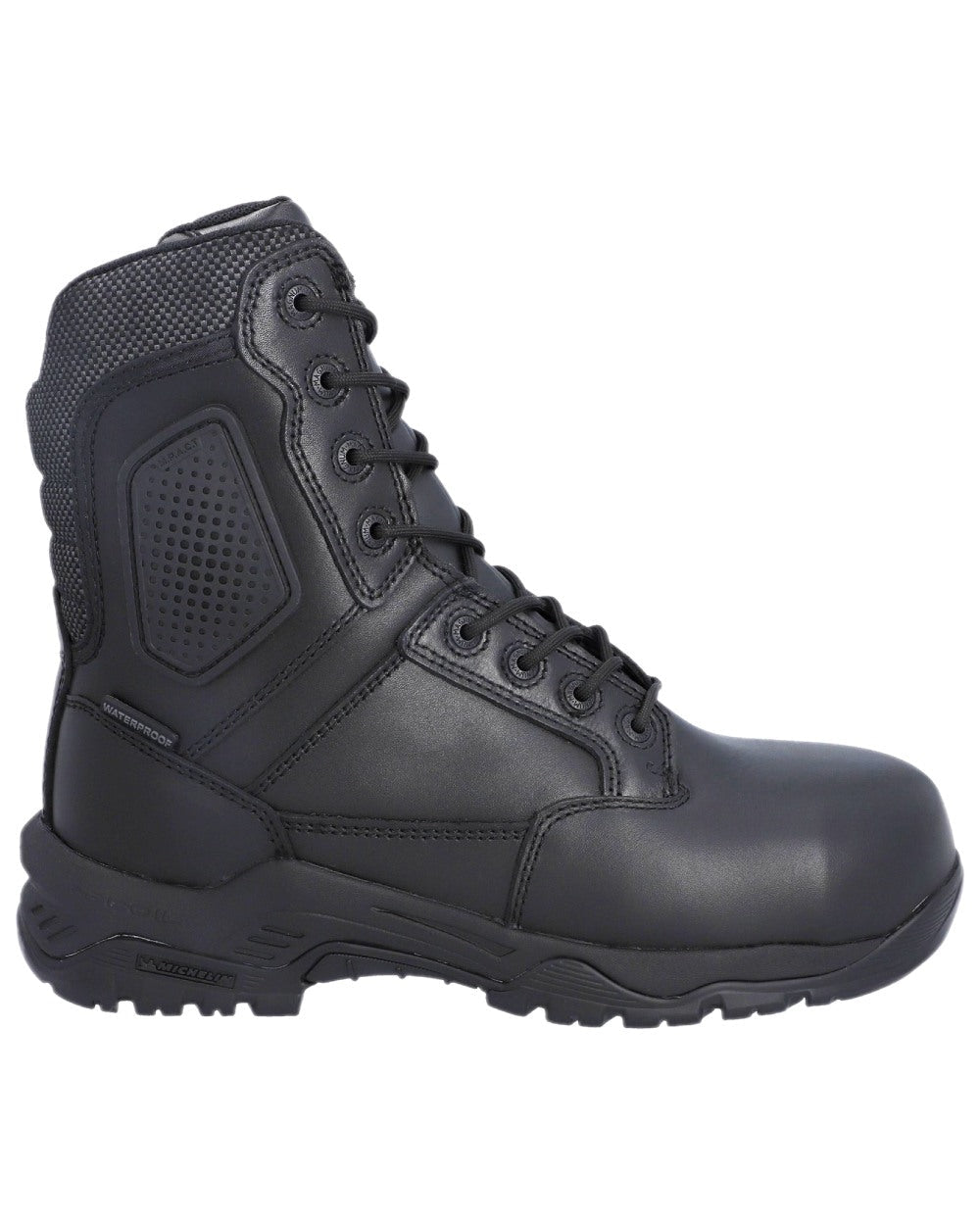 Black Coloured Magnum Strike Force 8.0 Side-Zip CT CP Waterproof Uniform Safety Boots on white background