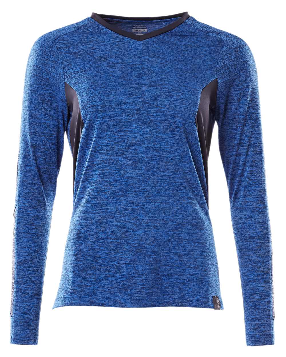 Azure Blue Dark Navy Coloured Mascot Womens Accelerate V-Neck Long Sleeved T-Shirt on white background