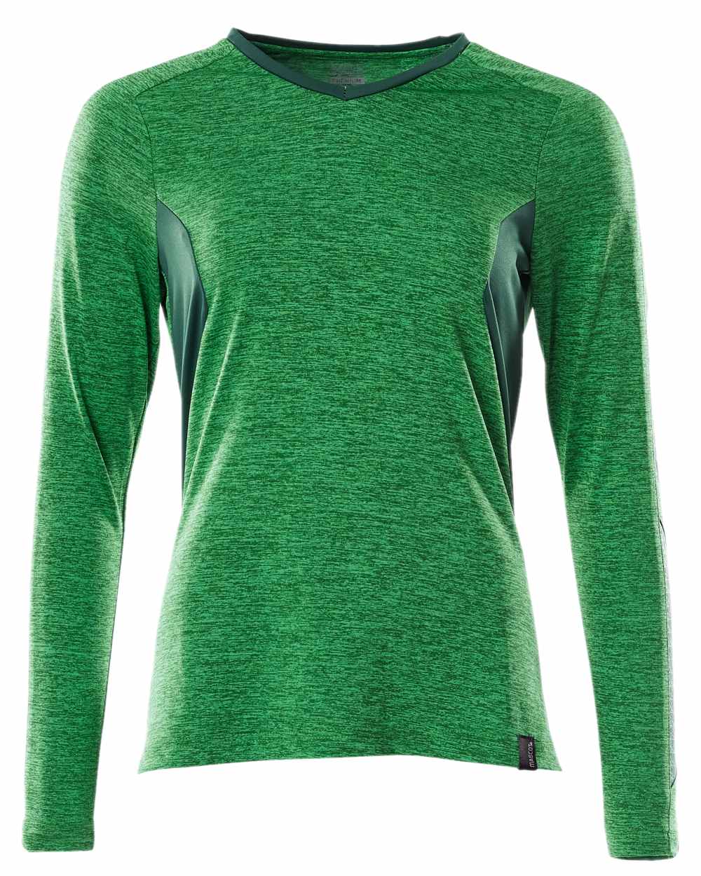 Grass Green Coloured Mascot Womens Accelerate V-Neck Long Sleeved T-Shirt on white background