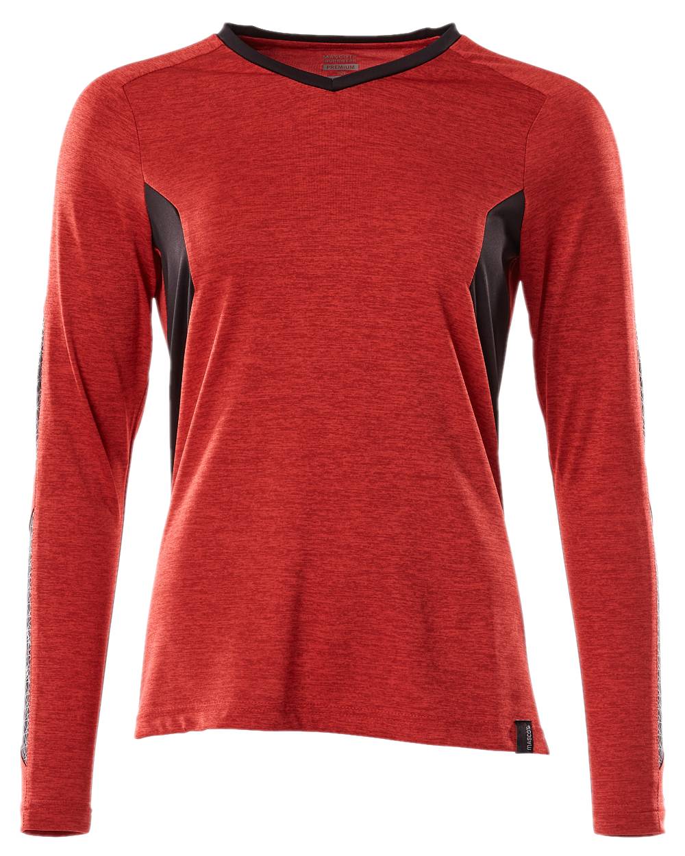 Traffic Red Black Coloured Mascot Womens Accelerate V-Neck Long Sleeved T-Shirt on white background