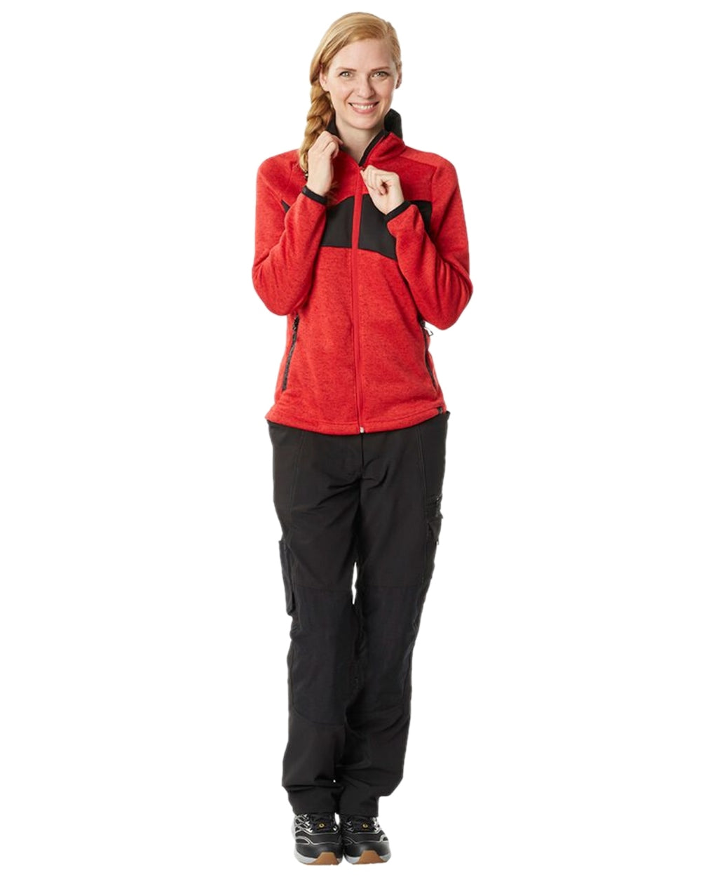 Traffic Red Black Coloured Mascot Workwear Accelerate Knitted Jumper With Zipper on white background