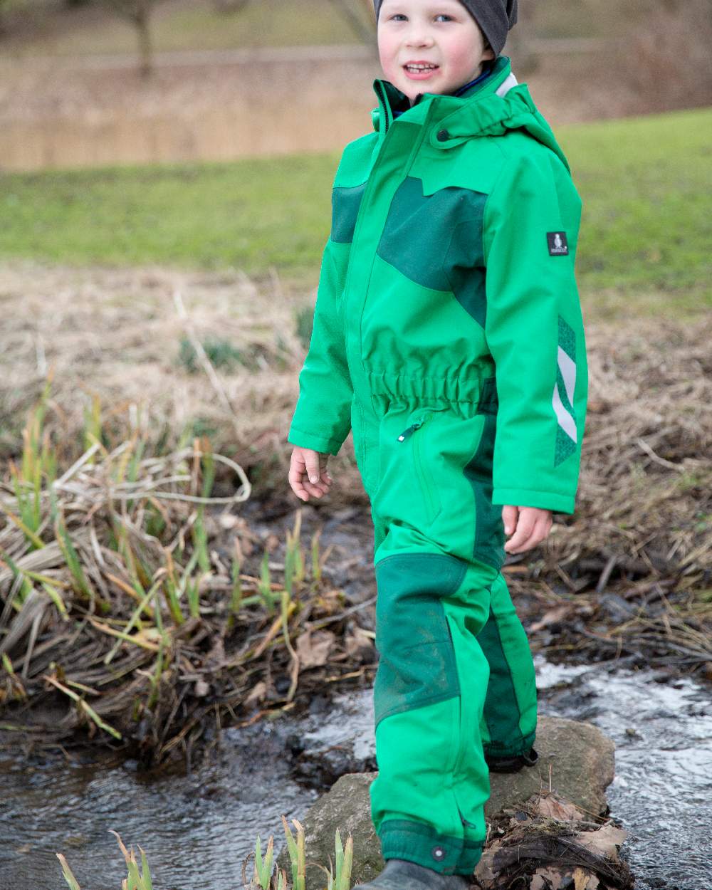 Grass Green Coloured Mascot Workwear Childrens Accelerate Breathable Snowsuit on outdoor background