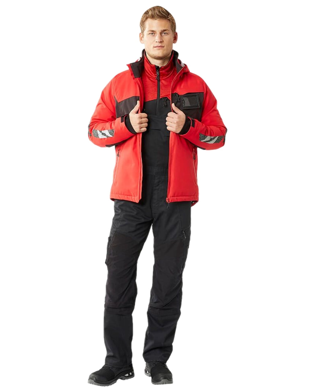 Traffic Red Black Coloured Mascot Workwear Mens Accelerate Breathable Winter Jacket on white background