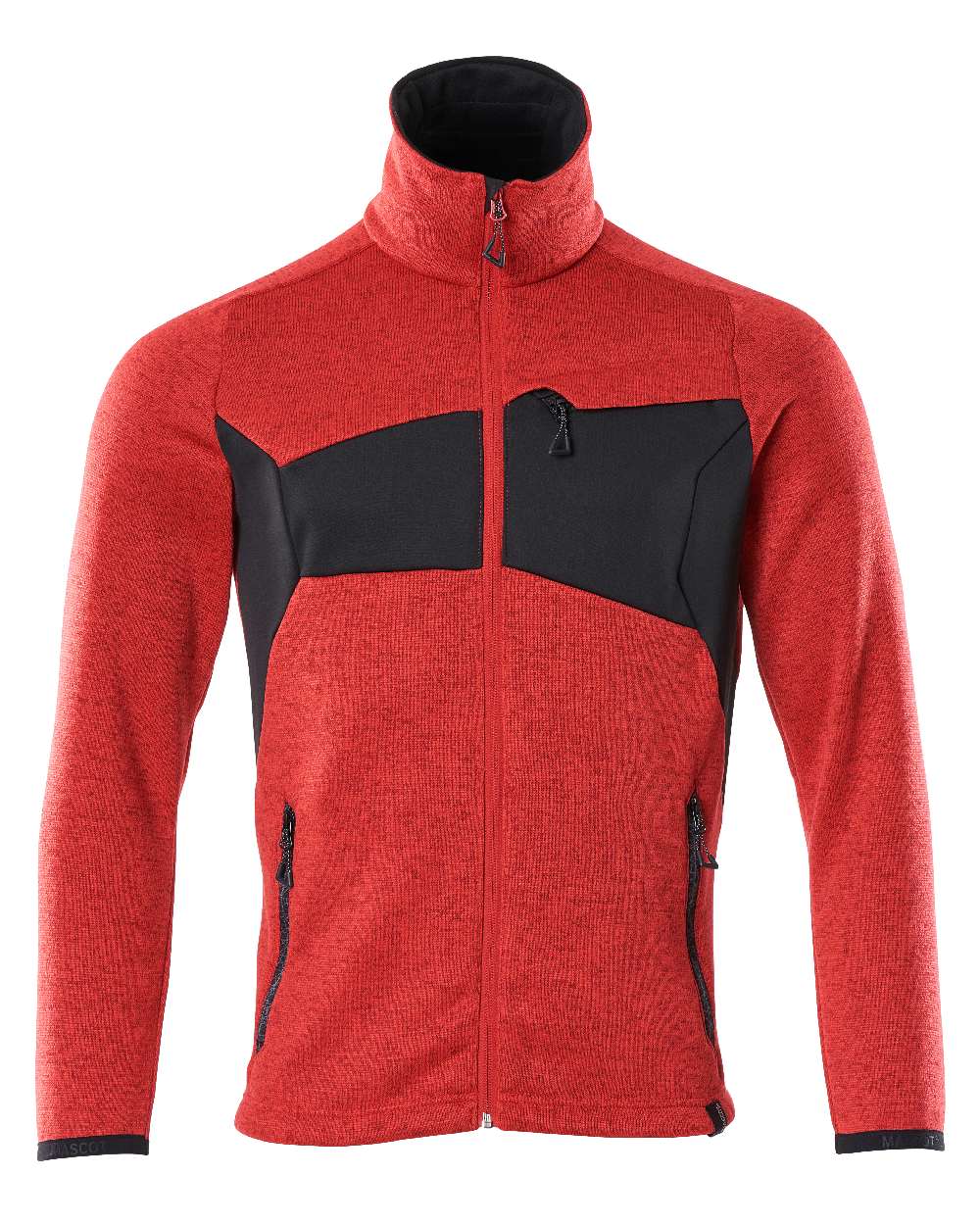 Traffic Red Black Coloured Mascot Workwear Mens Accelerate Knitted Jumper With Zipper on white background